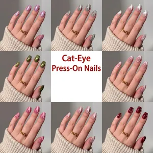 Cat eye press-on nails set with 8 colors in medium long square shape