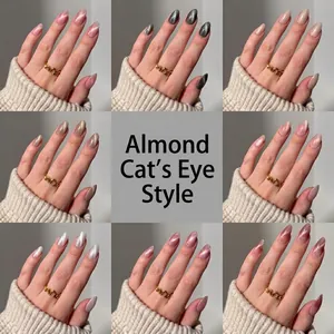 Collage of almond-shaped cat-eye press-on nails in various shimmering colors