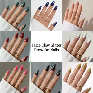 Collage of medium-long square press-on nails in various solid colors and finishes