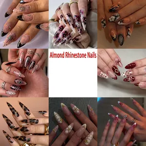 Close-up view of various almond press-on nail designs featuring floral and leopard prints