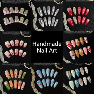 Variety collage of handmade press-on nail sets with floral, chrome and 3D bear designs