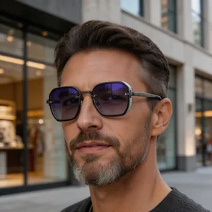 Close-up of men's retro punk square sunglasses with purple gradient lenses