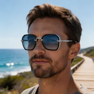Men's retro square punk sunglasses with blue gradient lenses for outdoor UV protection