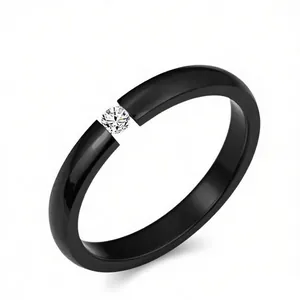 Elegant 4mm 316L titanium steel black ring with white zircon in tension setting