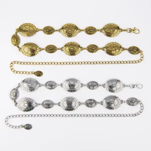 Vintage Bohemian metal waist chains in gold and silver tones with decorative oval links