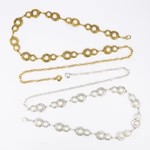 Elegant vintage bohemian metal waist chains with faux pearl links in gold and silver