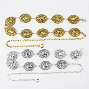 Detailed comparison of gold and silver vintage bohemian metal waist chains with horse motif