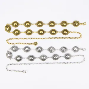 Vintage Bohemian gold and silver metal waist chain belts with oval floral medallions