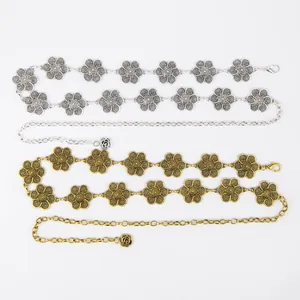 Retro bohemian metal waist chain with floral link design in silver and gold finishes