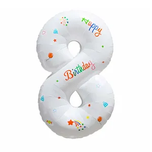 Grand ballon chiffre 8 blanc de 32 pouces avec imprimé Happy Birthday coloré pour fête