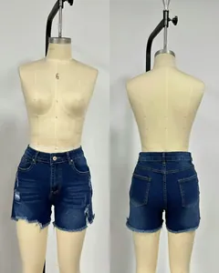 Comparison of front and back designs for high-waisted ripped blue denim mini shorts