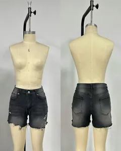 Front and back detail of high-waist grey denim shorts with distressed ripped hem
