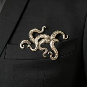 Detailed vintage silver octopus tentacle animal brooch for elegant men's suit lapel pin