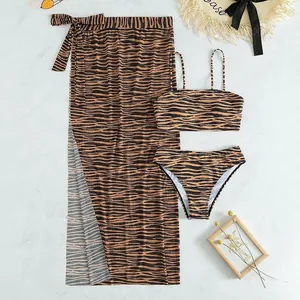 Tiger print 3-piece swimwear set with bikini top, bottom and matching mesh cover-up skirt