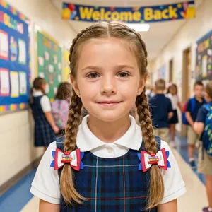 Gros plan d'une enfant portant des barrettes en cuir sur le thème de la rentrée scolaire