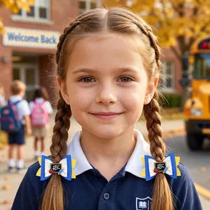 Vue détaillée de nœuds à cheveux en cuir sur le thème de l'école avec motifs crayon et pomme