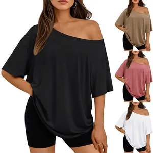 Women's off-shoulder short sleeve T-shirt in multiple solid colors for casual wear