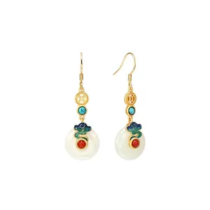 Elegant traditional Chinese style earrings featuring jade peace buckle and enamel clouds