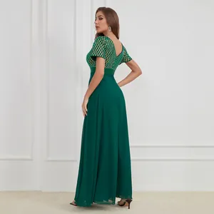 Elegant V-neck green evening dress with chiffon patchwork for prom and gala