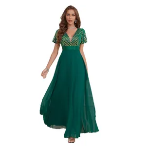 Elegant V-neck emerald green evening gown with sequin bodice and long chiffon skirt