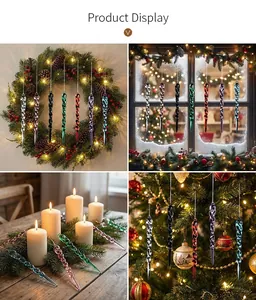 Detailed view of colorful twisted icicle ornaments in various festive Christmas settings