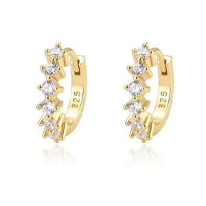 S925 sterling silver gold plated C-shaped hoop earrings with sparkling cubic zirconia