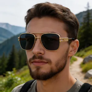 Detailed view of men's vintage square sunglasses featuring a golden double bridge design