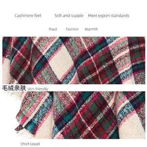 Close-up of soft plaid triangle scarf with fringe tassels for autumn and winter