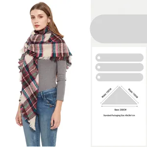 Women's plaid triangle scarf shawl with fringe edges for autumn and winter seasons