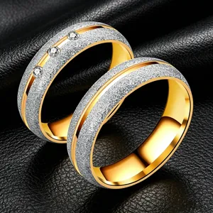 Frosted Stainless Steel Two Tone Ring Rhinestone Inlaid Unisex Personalized Geometric Band Finger Ring Jewelry Gift
