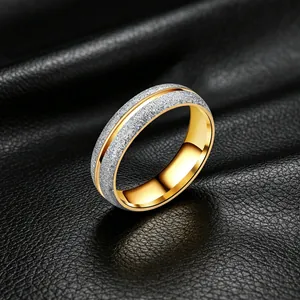 Macro view of frosted titanium steel ring with gold-plated interior and central groove