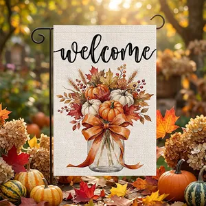 Autumn harvest garden flag with pumpkins and welcome greeting for outdoor yard decor