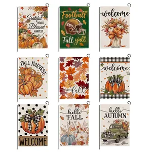Autumn Garden Flag Double Sided Polyester Linen Look Thanksgiving Outdoor Yard Decor Pumpkin Sunflower Maple Leaf Holiday Hanging Decoration