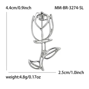 Elegant minimalist silver-colored hollow rose flower brooch pin with size and weight specs