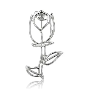 Minimalist silver-tone hollow rose flower brooch with elegant mirror reflection
