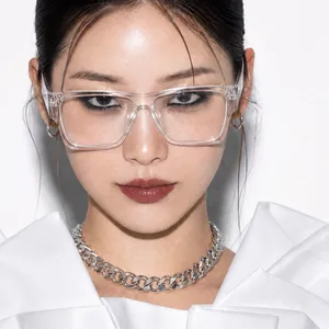 Stylish large square clear frame glasses worn by a fashion model for face shaping