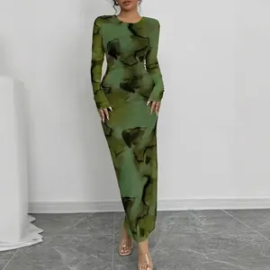 Robe Maxi À Manches Longues Imprimé Abstrait Pour Femmes Col Rond Coupe Ajustée Polyester Élasthanne Élégante