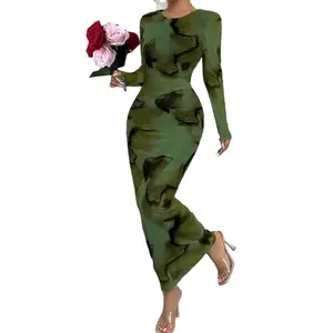 Robe longue moulante élégante à imprimé abstrait vert pour femme mode d'automne