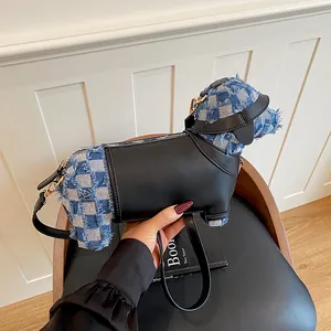Creative dog-shaped crossbody bag with blue checkered denim and black leather detail