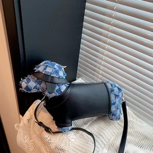 Creative dachshund-shaped crossbody bag in blue plaid and black leather for women