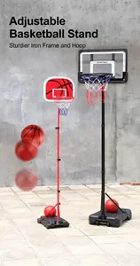 Close-up of adjustable children's basketball hoop with stable iron frame