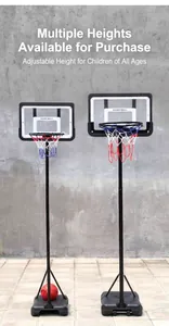 Detailed view of two adjustable children's basketball hoops with various height options.