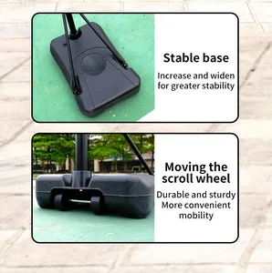 Close-up detail of the stable base and moving scroll wheels on a basketball stand
