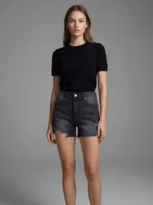 Short en jean taille haute pour femme, gris anthracite délavé avec bords effilochés