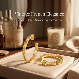 Close-up of gold C-shaped hoop earrings with micro-set zircon floral patterns