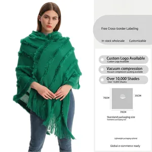 Stylish emerald green hooded knitted poncho shawl with elegant fringe trim for women