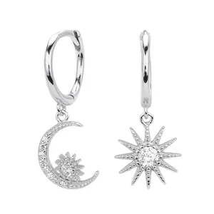 Elegant S925 sterling silver hoop earrings with sparkling CZ moon and star charms