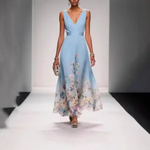 Detail view of a flowing light blue floral maxi dress with V-neck on a professional runway