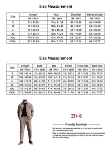 Size chart for men's beige suede jacket and pants set with detailed measurements