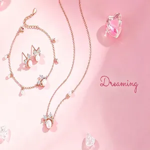 Rose gold bow-knot pearl jewelry set with necklace, bracelet, and stud earrings